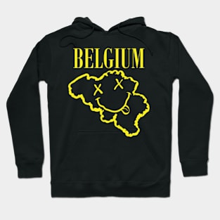 Vibrant Belgium: Unleash Your 90s Grunge Spirit! Smiling Squiggly Mouth Dazed Smiley Face Hoodie